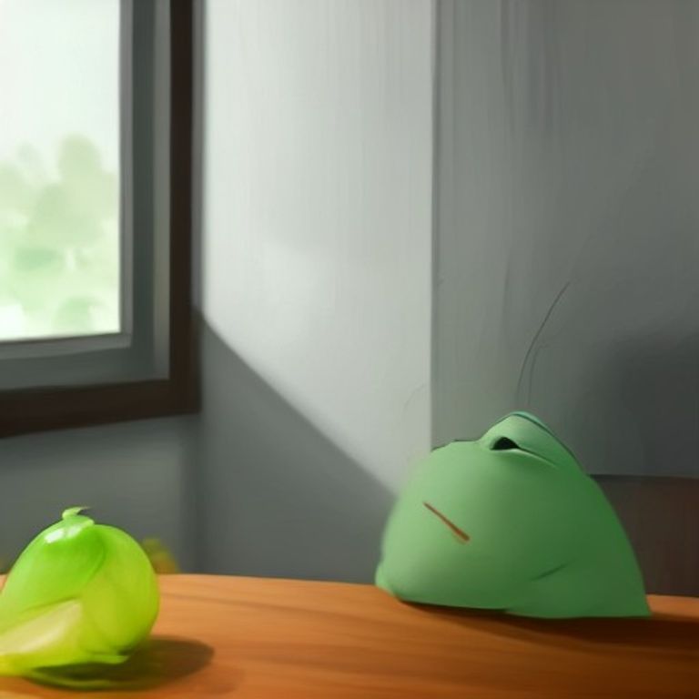 pepe staring into a bowl of clear liquid while a single floating onion slice judges him from across the table