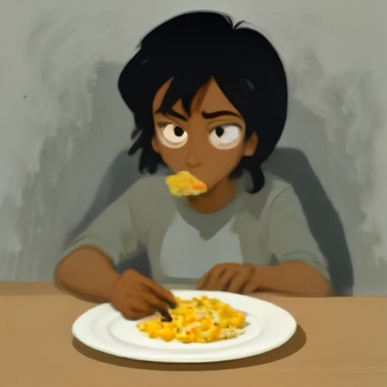 apu looking disgusted while eating a plate of pale, wet scrambled eggs that look like wet sand, holding a cracked eggshell like a broken bone