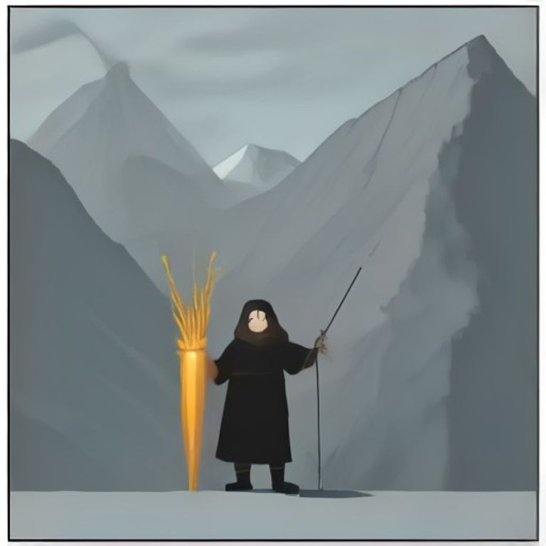 wojak standing in front of a massive mountain while holding a single paperclip up like it's the holy grail, staring with dead eyes