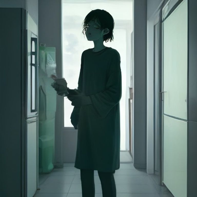 crude cartoon anon standing in front of an open refrigerator, reaching for a jar that is turning into smoke, while a green speck of light (glowie) pulses inside his ear canal, the fridge interior look