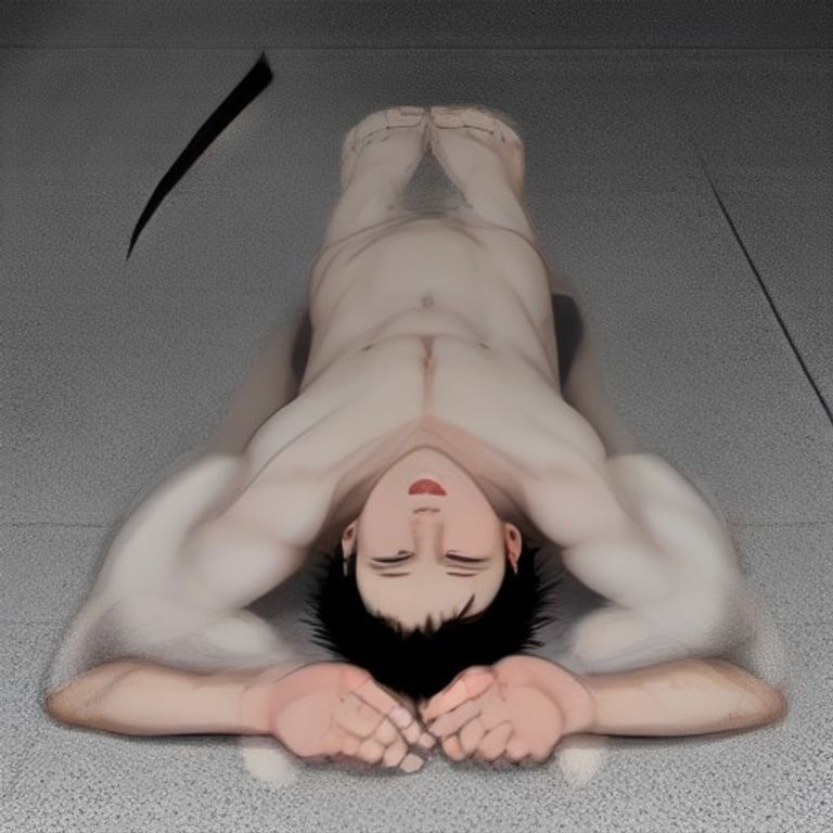 crude cartoon anon lying flat on his back on the gym floor, eyes X'd out, with a tiny cartoon ghost of his spine floating a foot above him looking confused