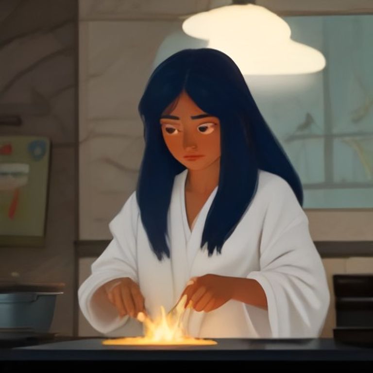apu in a bathrobe holding a spatula over a glowing cast iron skillet, looking serene while a tiny clock on the wall reads 3:05 pm