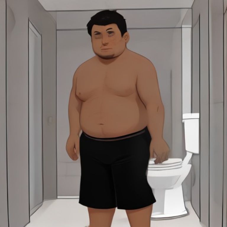 crude cartoon anon hunched over a toilet, sweating profusely, while a giant brick is visibly visible inside his belly