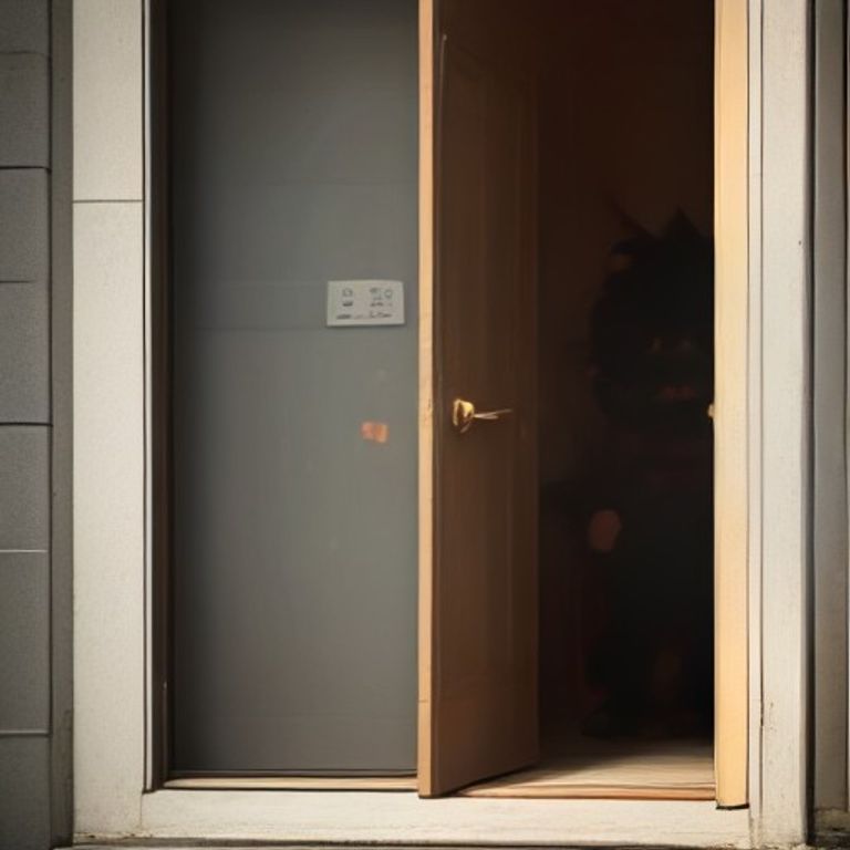 crude cartoon anon standing outside a glowing apartment door, mouth full of granola bar, looking like a disappointed goblin while a fat cat watches from inside with dead eyes