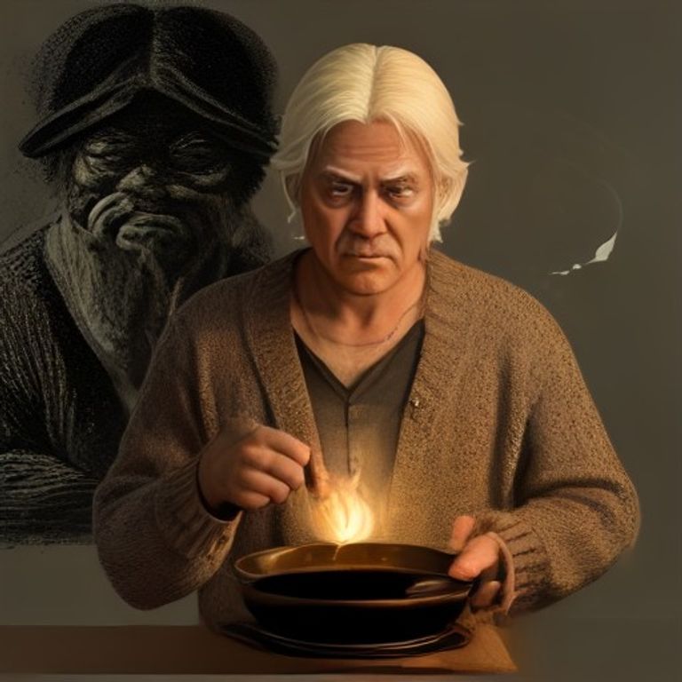 a confused boomer in a cardigan holding a black cast iron skillet up to the light like he is reading tea leaves, while pepe in the background covers his ears and weeps