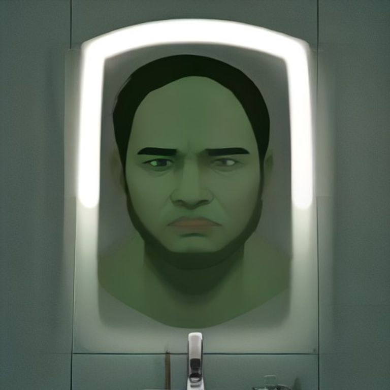 doomer wojak staring into a bathroom mirror, a single green speck glowing on his forehead while he scrubs at it with a sponge, looking absolutely hollowed out