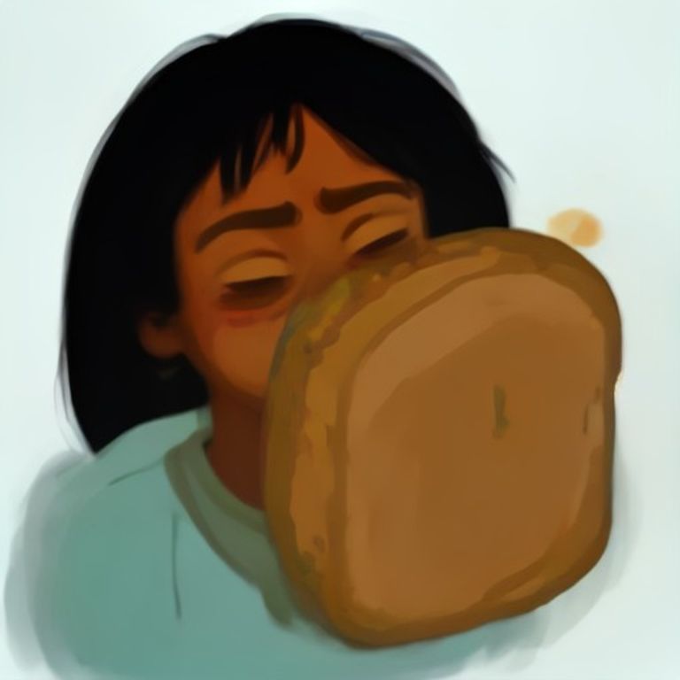 apu holding a charred loaf of bread up to his face with tears streaming down his face while a tooth floats away in the background
