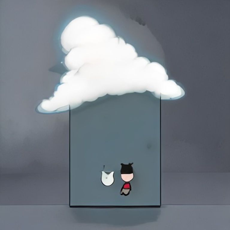 wojak sitting in a dark closet hugging a humming tower computer while a small cloud with arms pokes its head in offering an umbrella