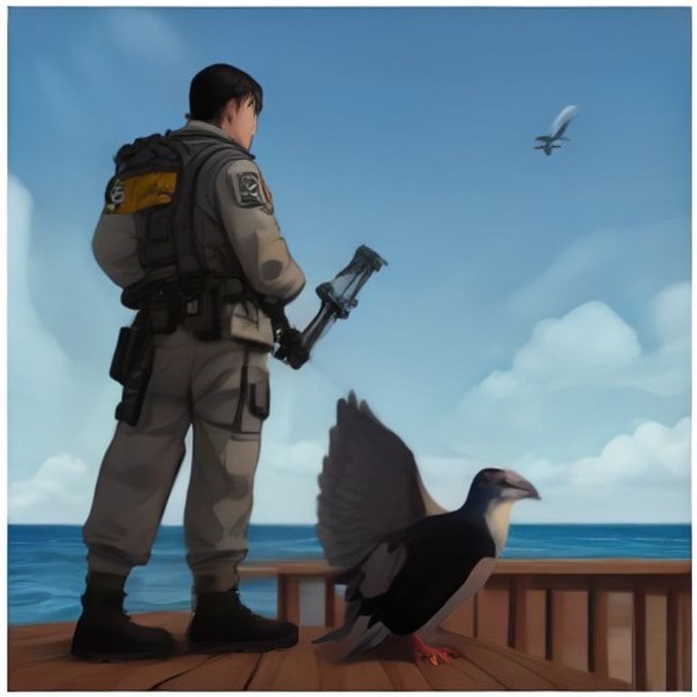 crude cartoon of a worried-looking south korean sailor standing on a deck while a giant angry pigeon in tactical gear points a taser at him from the horizon