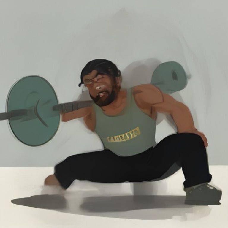 apu squatting under an olympic bar behind his head while a chiropractor screams into a megaphone