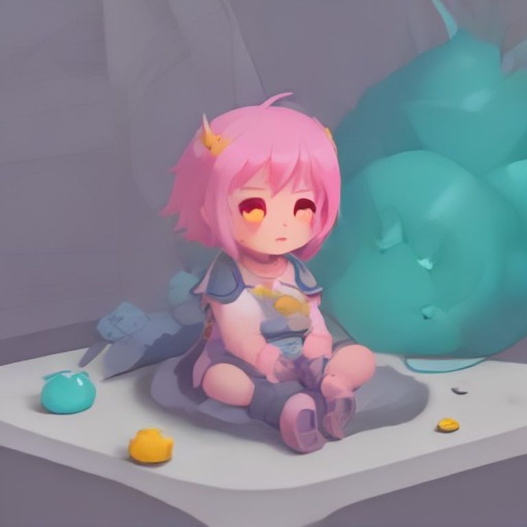 a cute pastel-colored chibi warrior sitting on the floor surrounded by a mountain of identical health potions while a giant cartoon dragon yawns in the background