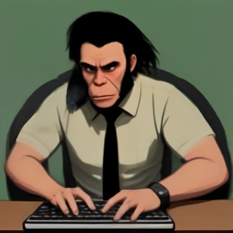 ape wojak sweating over a mechanical keyboard while a large eagle wearing a tie taps him on the shoulder