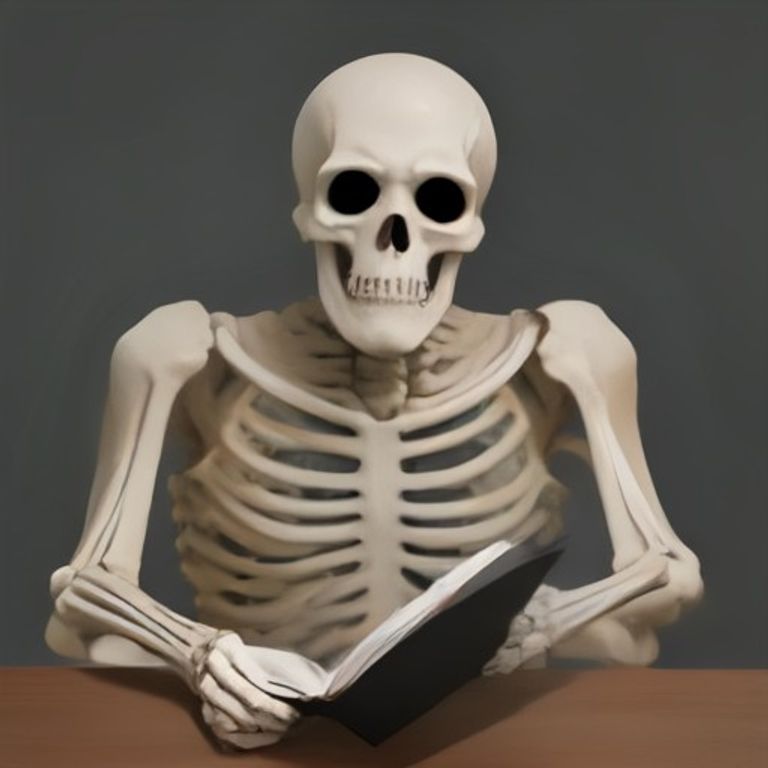 doomer wojak staring at a blank page while a skeleton sits in the background reading a book titled "and then stuff happened
