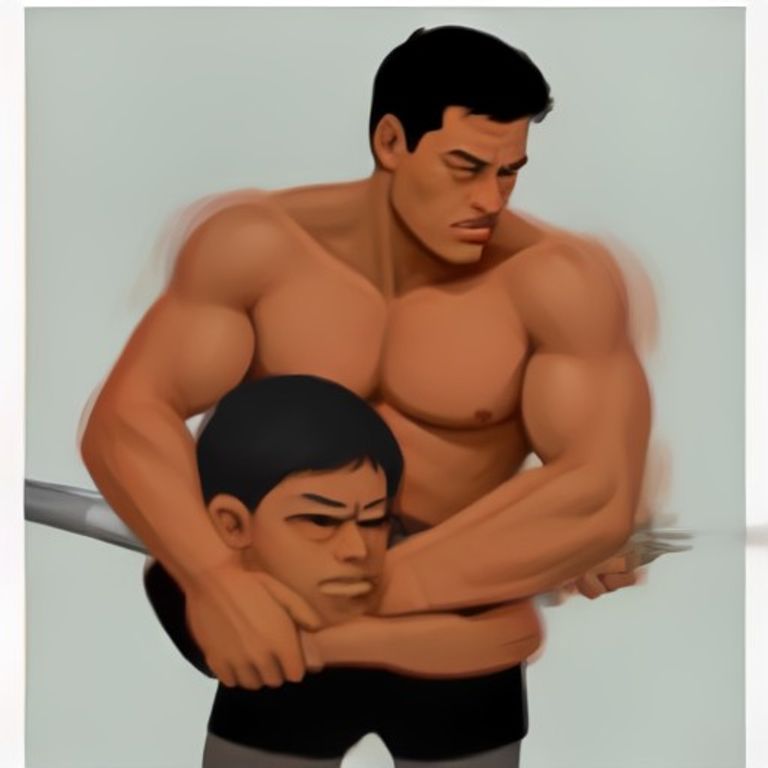 wojak in a headlock made of a loaded olympic barbell, face showing pure existential exhaustion, another wojak in the background giving thumbs up