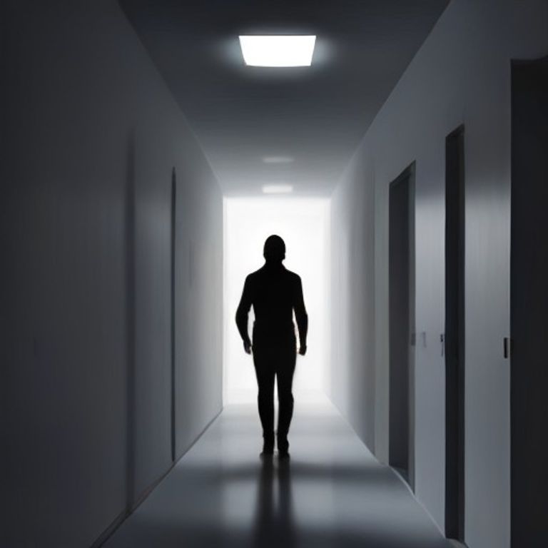 crude cartoon anon standing in a normal hallway, but his eyes are wide and his shadow is stretching out an impossible distance down a corridor that doesn't exist
