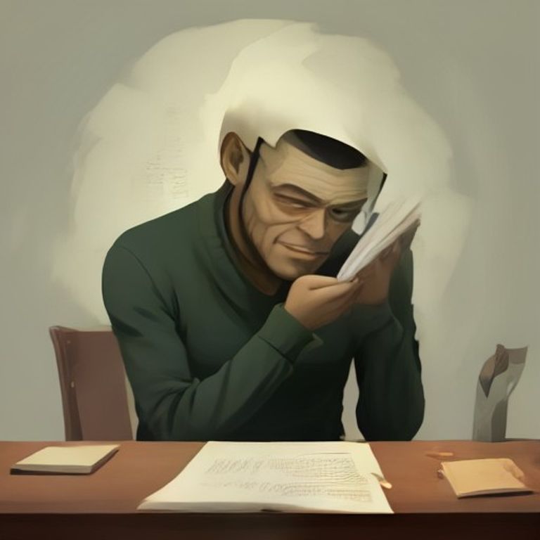 doomer wojak sitting at a desk holding a book that has completely disintegrated into loose pages, he is calm while the pages flutter down like dead leaves