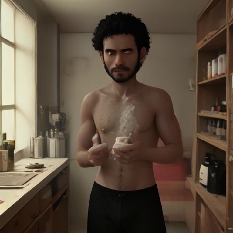doomer wojak in his underwear standing in a dark kitchen, holding a chunk of moldy brie next to a wine bottle, looking like he just realized his life is over