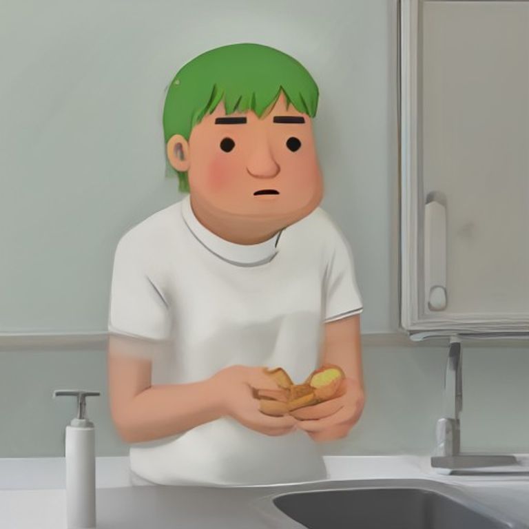 a blurry hand holding a half-eaten sandwich over a sink full of dishwater, with a sad wojak face in the background looking like he just heard bad news