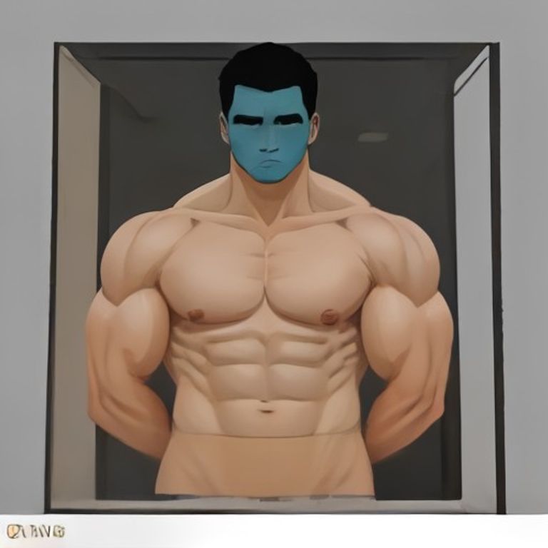 wojak with the smallest possible shoulder width standing next to a gym mirror that reflects him as a bodybuilder, he is crying