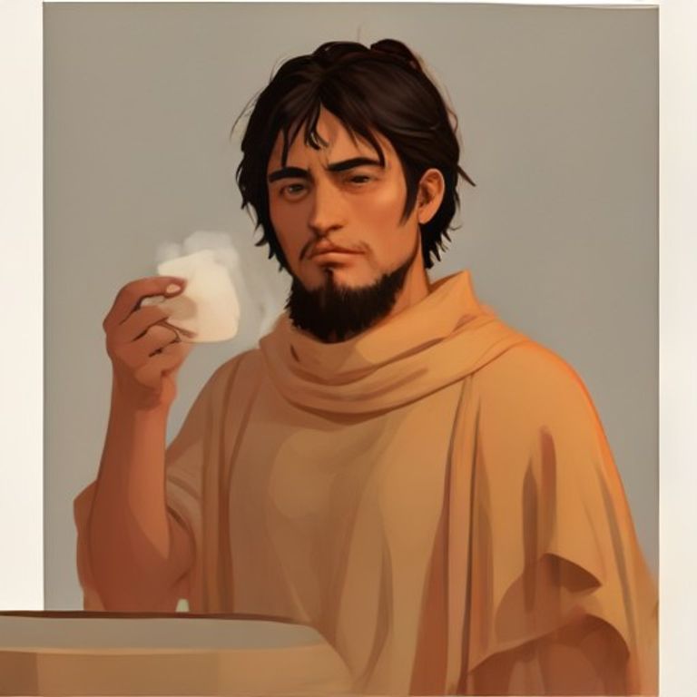 a stoic philosopher in a toga calmly drinking tea while holding up a mirror to a sweating wojak who is trying to explain why his favorite author was a narcissist.
