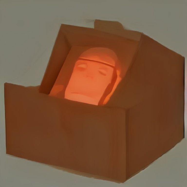 wojak staring into a dark wooden box while a smaller, translucent wojak sits on top of it, looking confused