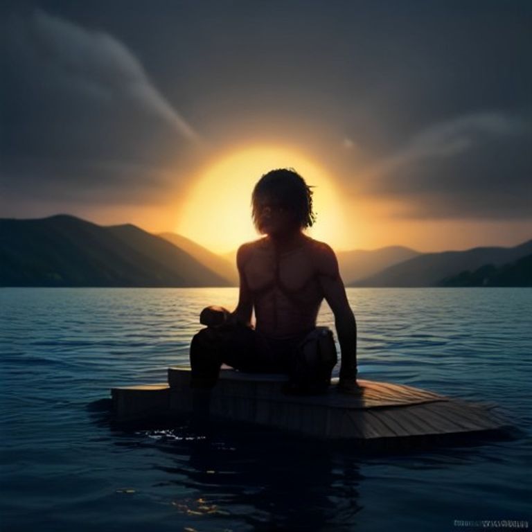 wojak sitting on a wet dock holding a broken sword, looking up at a pixelated sun with pure confusion, while a tiny floating text bubble says "press X to swim