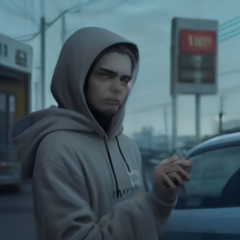 doomer wojak in a gas station parking lot holding a wet receipt while looking at a grey hoodie hanging from a light pole with an expression of absolute existential dread